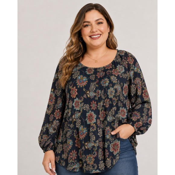 Cato Tops - Cato Black Floral crinkle blouse peasant sleeve fall semi-sheer floral paisley